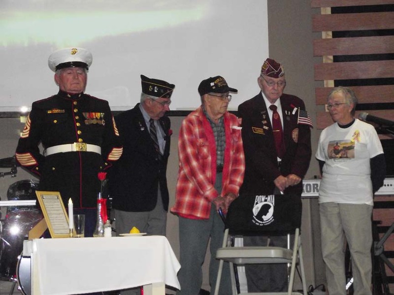 Present at the Nov.17 ceremony at the Lighthouse Christian School are (l-r) retired 1st Sgt. William Kandraui; Lou Kubicki, chaplain, Ocean View VFW; retired Sgt. Art Fry; retired Cpl. Nick Tosques and Gerry Garyantes. SOURCE SUBMITTED